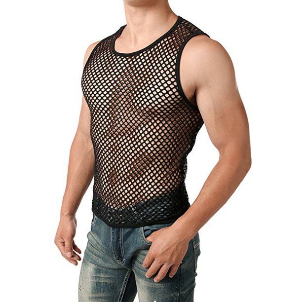 Top musculoso sin mangas ajustado de rejilla de malla para hombre XBTCLXEBCO Negro, Mediana