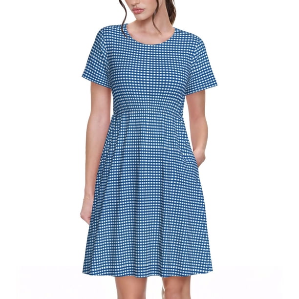 Balery Blue Gingham Vestidos sueltos de manga corta para mujer, vestidos de verano 2025, vestidos casuales de corte A con vuelo.