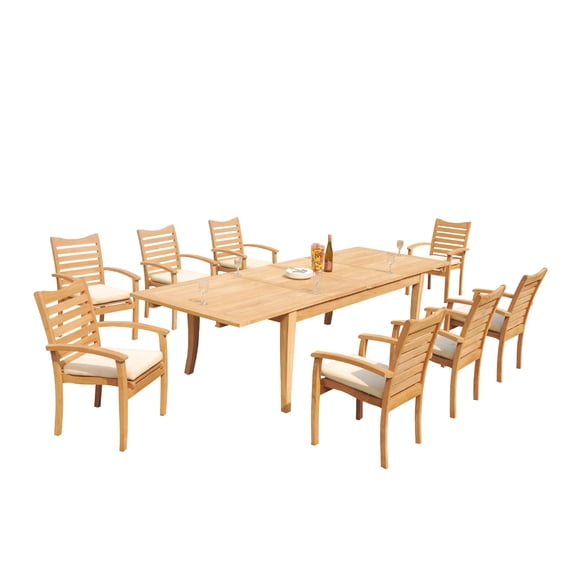 Grade-A Teak Dining Set: 8 Seater 9 Pc: 122" Atnas Rectangle Table And 8 Aspen Stacking Arm Chairs Outdoor Patio WholesaleTeak #51AP2809
