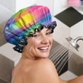 thumbnail image 5 of Shower Caps,Colorful Striped Tie Dye Pattern Waterproof Shower Cap for Women 4 Pieces,Double Reusable Hair Cover for Shower PEVA Elastic Stretch Hem, 5 of 7