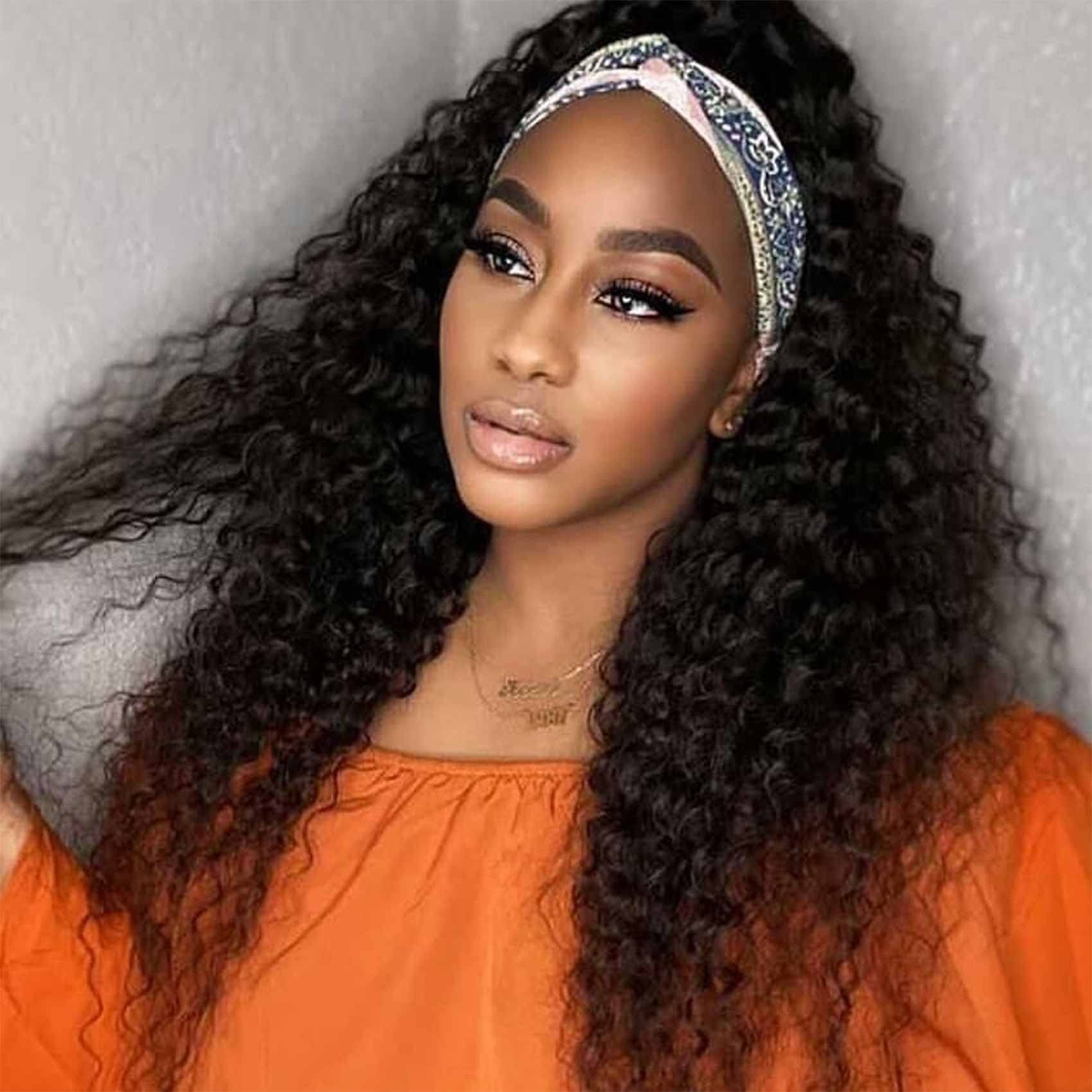 VIVIBABI Human Hair Headband Wigs Deep Water Wave None Lace Front Wigs 18 Inch Glueless Wig 180 Density Brazilian Virgin Human Hair Headband Wigs for