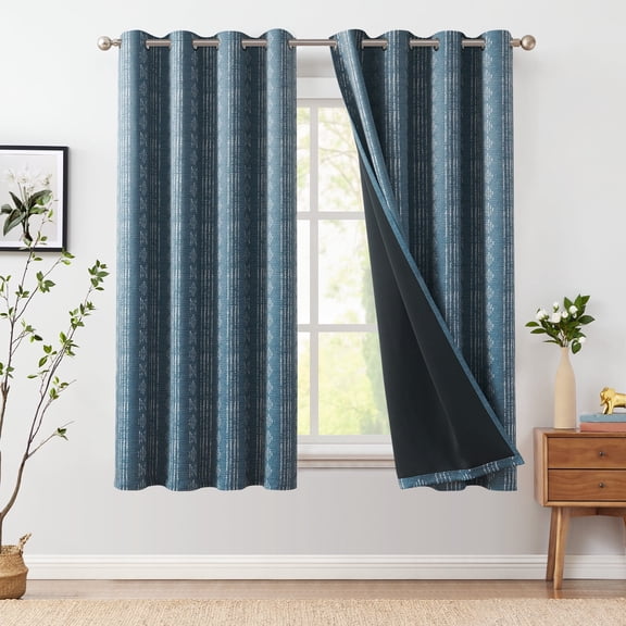 Curtainking Blackout Curtains for Livingroom Bedroom Farmhouse Boho Curtains 63 inch Geometric Striped Grommet Room Darkening Thermal Insulated Window Drapes 2 Panels White on Blue