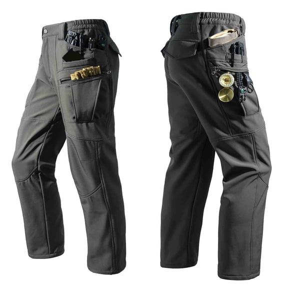 Cotton Cargo Tactical Pants For Men Elastic Waist Multi-Pocket Fleece Lined Work Outdoors Hiking Pants Gray 2XL