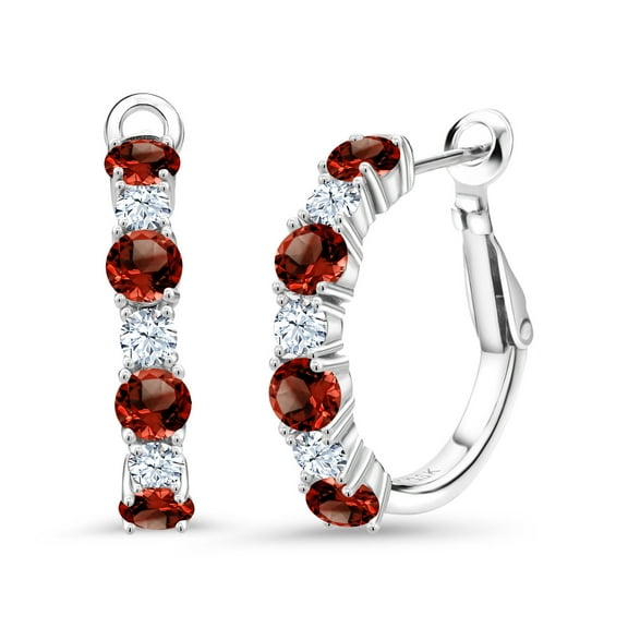 Gem Stone King 925 Sterling Silver Red Garnet Hoop Earrings for Women (3.62 Cttw, Gemstone January Birthstone, Round 4MM and 3MM)