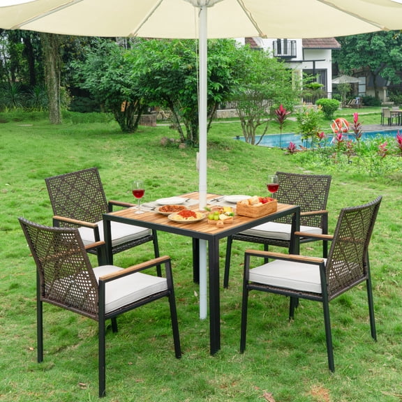 5 Piece Patio Dining Table Set, iCapeson All Weather Outdoor Conversation Furniture, 4 Wicker Chairs with Cushions, Acacia Wood Square Table Top with Umbrella Hole, for Garden Backyard, Brown