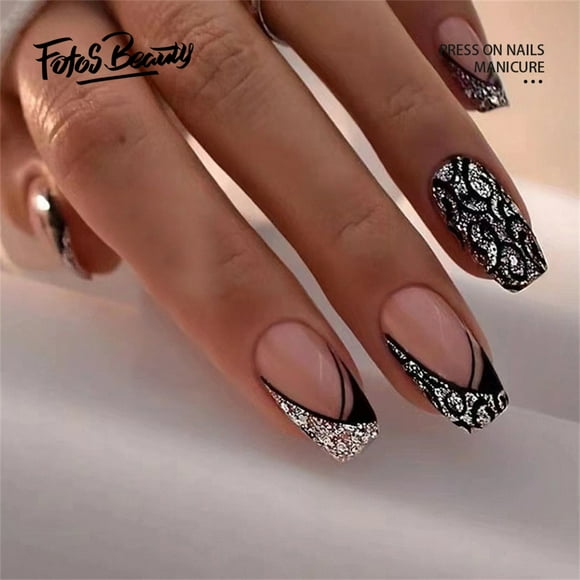 Fofosbeauty 24pcs Press on False Nails,Acrylic Nails for New Year Valentine's Gift,Coffin Sweet cool hottie triangle black french glitter leopard print
