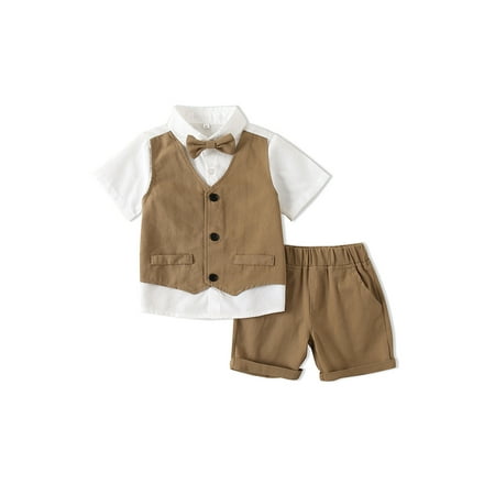 

aturustex Toddler Boys Gentleman Clothes Outfits 6M 12M 18M 24M 3T 4T 5T Patchwork Bowtie Short Sleeve Waistcoat Shirts Solid Color Shorts 2Pcs Suit