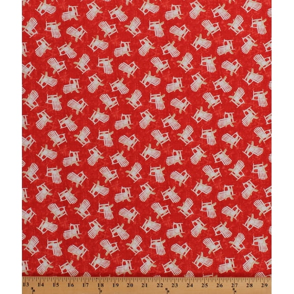 Cotton Adirondack Porch Deck Chairs on Red Shoreline Summer Cotton Fabric Print by the Yard (50112)