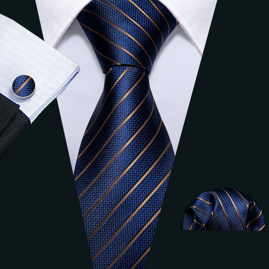 Barry.Wang Stripe Men Ties Set Classic WOVEN Necktie with Handkerchief Cufflinks Formal 