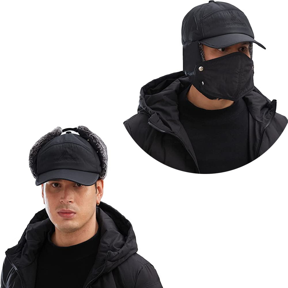 EIMELI Winter 3 in 1 Thermal Fur Lined Trapper Bomber Hat with Ear Flap Face  Warmer Windproof Baseball Ski Cap 