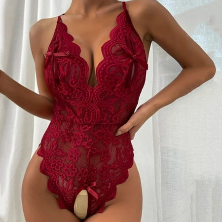 

Shiusina Women V Neck Underwear Lingerie Lace Backless Lanyard Underwear Conjoined Tight Suit