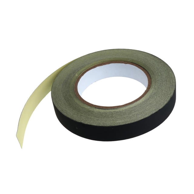 cinta adhesiva de tela de acetato sunnimix 20 mm 33 yardas rollo negro autoadhesivo conductivo, vista frontal centrada con película protectora amarilla parcialmente desprendida y núcleo de cartón visible; lámina conductora y ancho de 20 mm (33 yardas totales), indicada para interferencia EMI y conexión a tierra en componentes electrónicos, también usada para reparaciones y blindaje de cables.