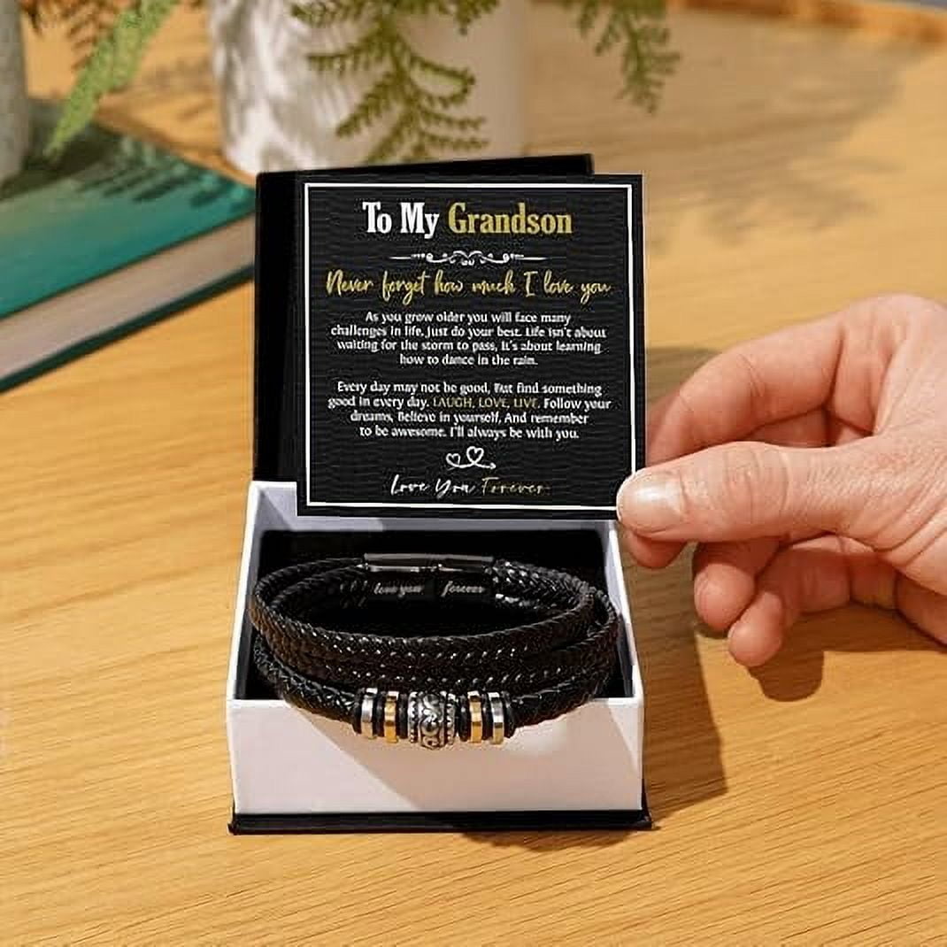 Leather Bracelet Gift for Boys, Bracelet for Grandson from Grandparents, Beads Bracelet For Grandson, Birthday Gift Bracelets with Message Card and Gift Box, To My Grandson Bracelet