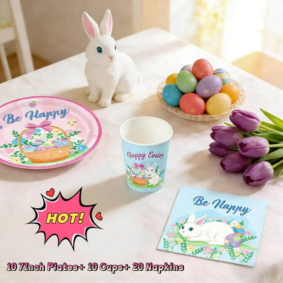 Tarmeek Easter Party Supplies 40pcs, Disposable Easter Eggs Bunny Design 10 Cups, 10 Plates and 20 Napkins Set, Easter Decorations Tableware Set for Easter Dinner