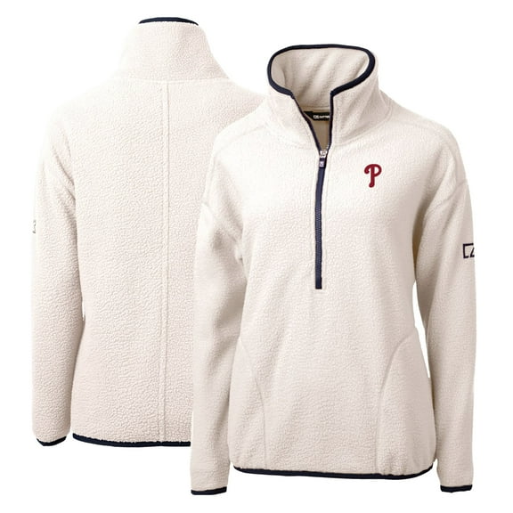 Women's Cutter & Buck White/Navy Philadelphia Phillies Cascade Eco Sherpa Fleece Quarter-Zip Pullover Jacket