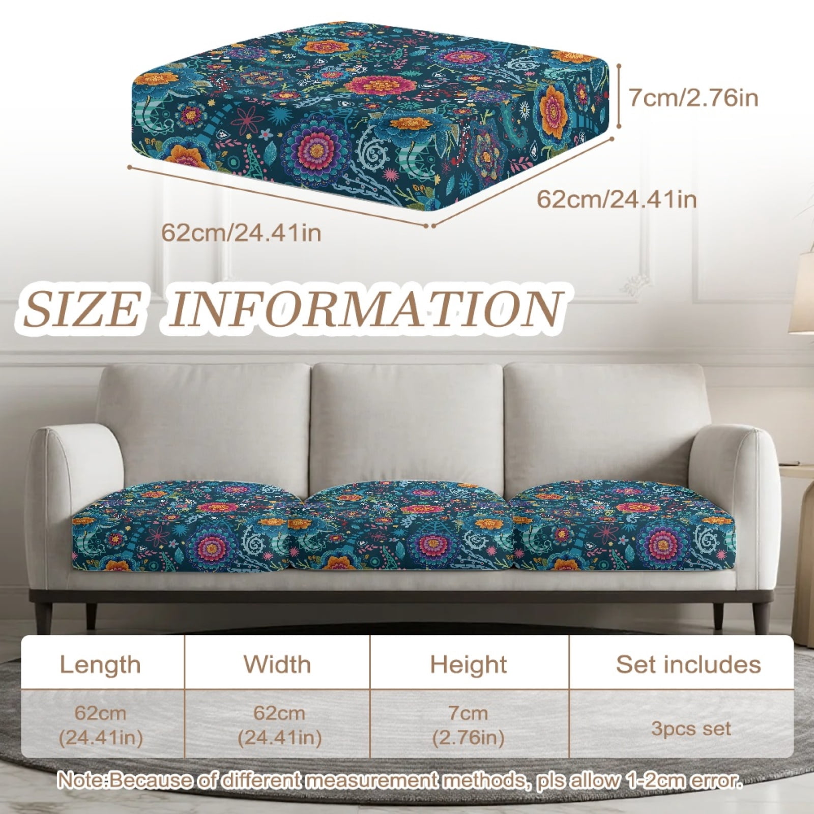 COEQINE Sofa Cushion Slipcover 3 Pieces Elastic Couch Cushion Cover Universal Armchair Couch Cover Furniture Protector Chair Slipcover with Elastic Bands, Blue Boho Mandala Floral Paisley Pattern