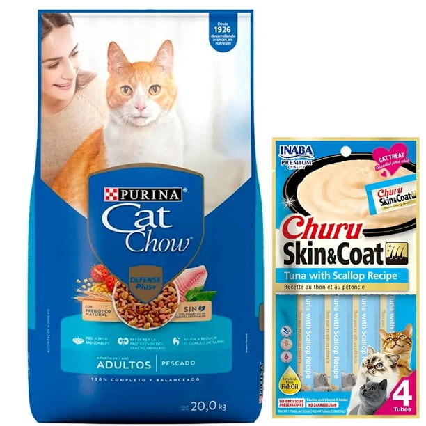 Cat Chow Adulto Pescado Defense Plus 20 kg + Churu Skin&Coat Atún y Vieira Snack 4 tubos de 14g