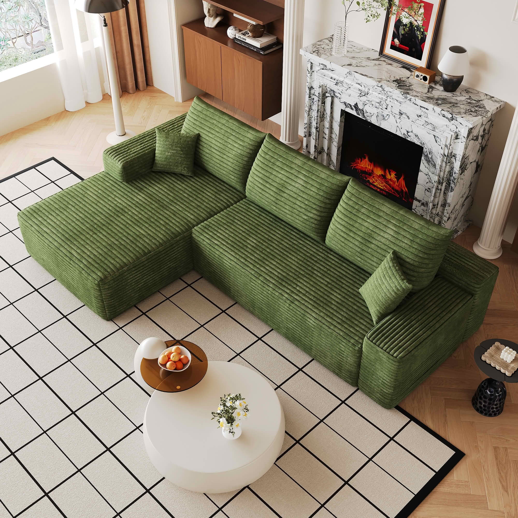 MAYEERTY 107-Inch Green Plush Corduroy 3-Seat L-Shaped Cloud Modular Sectional Sofa, Deep Seat Couch with Chaise No Assembly Required