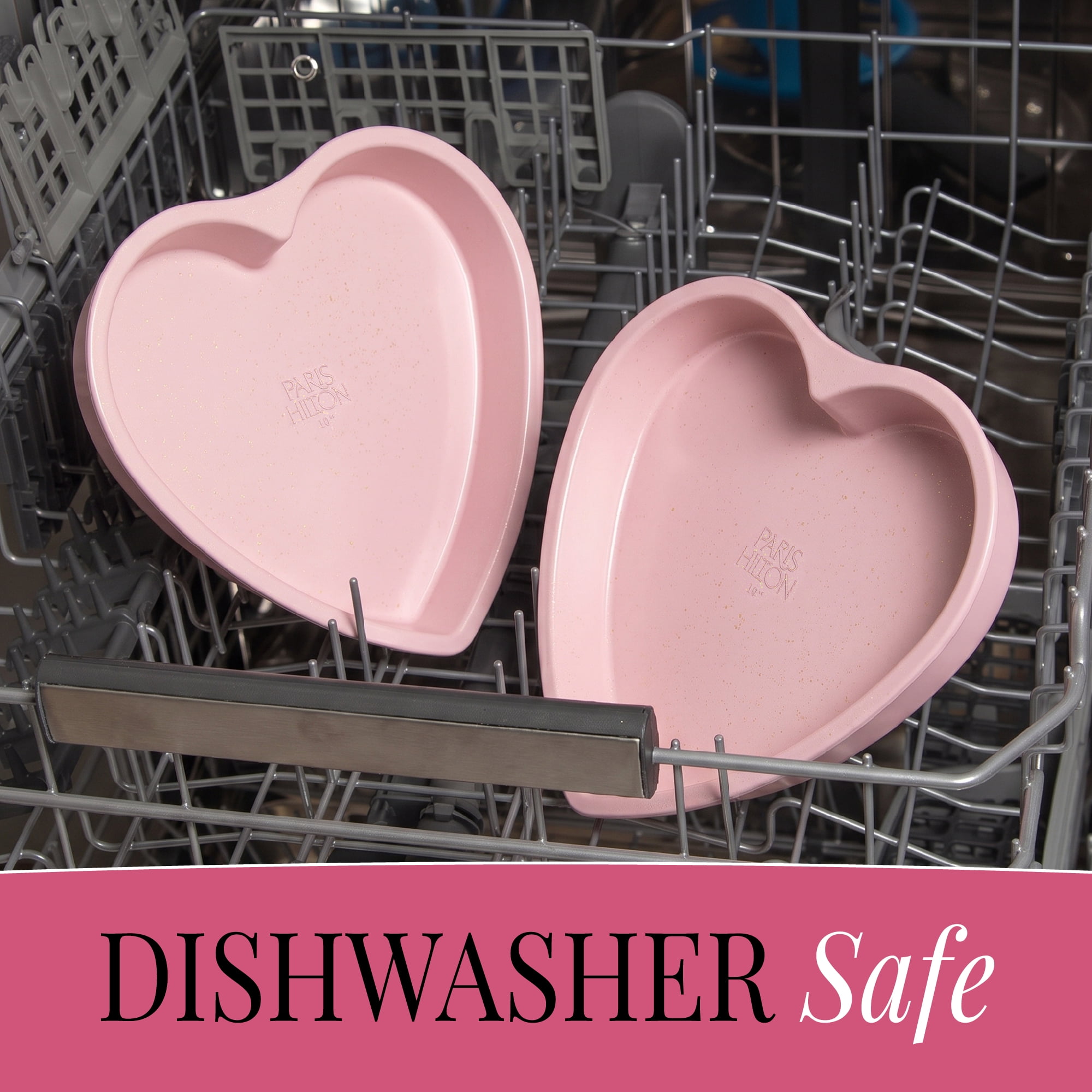 Paris Hilton 10.25-Inch Nonstick Heart Shaped Cake Pans, 2-Pack Carbon Steel Layer Cake Baking Pan Set, Dishwasher Safe, Pink