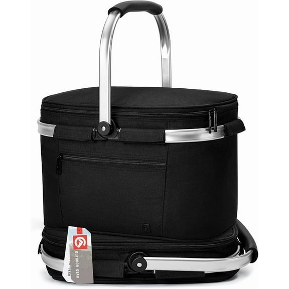 Picnic Basket Insulated Cooler - Thickening Foldable with Removable Baskets & Sewn-in Frame, House Warming New Home Gift (Jet Black)