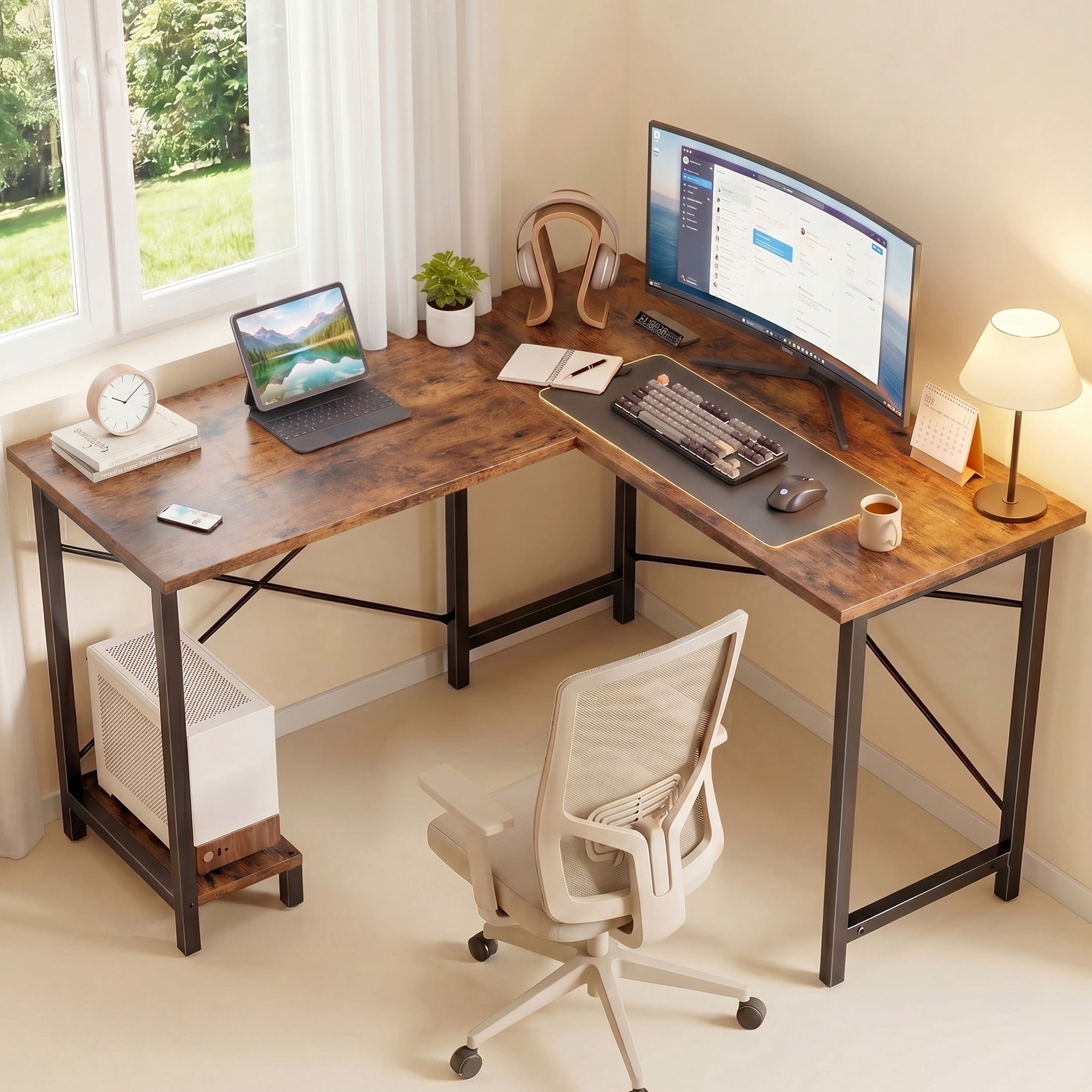edx 50 Inch L Shaped Computer Desk, Corner Executive Desks Gaming Desk PC Table with CPU Stand for Home Office Dorm Sturdy Writing Workstation, Rust