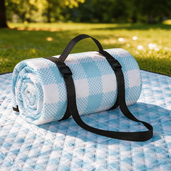 Waterproof Picnic Blanket 80 x 80 Inch, Extra Large Foldable Outdoor Picnic Mat with Carry Strap, Quilted Beach Blanket for Camping, Grass, Park, Travel, Blue Plaid