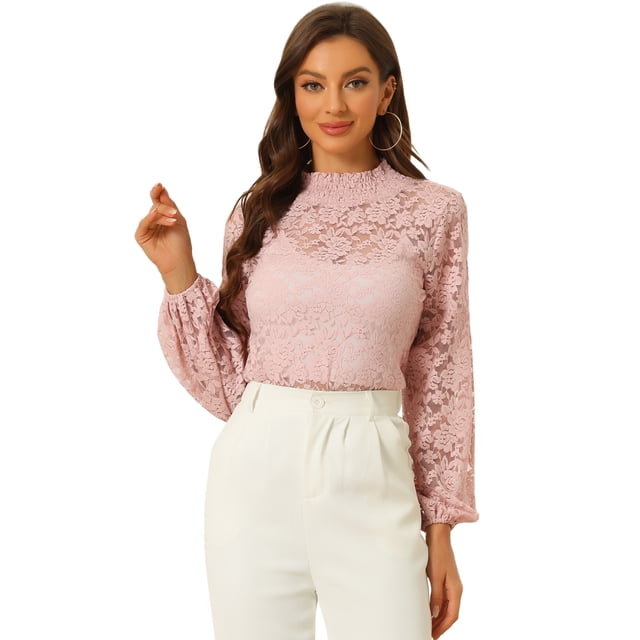 Blusas de manga larga de encaje para mujer Blusas florales elegantes con cuello con volantes Rosa M