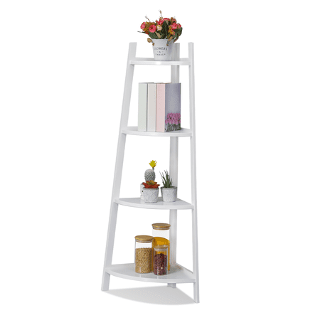 Magshion Bamboo 4 Tiers Stable Plant Stand, Corner Flower Pot Storage Shelf Rack, White, for Garden
