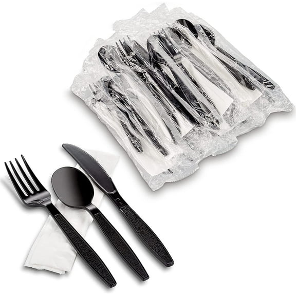 Black Individually Wrapped Plastic Cutlery Set - Disposable Heavy Weight Utensils - Pack of 50
