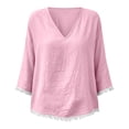 thumbnail image 4 of Qzwdhjm Linen 3/4 Sleeve Tops for Women V Neck Loose Fit Shirts with Frayed Hem Summer Fall Casual Blouses for Dailywear, 4 of 8