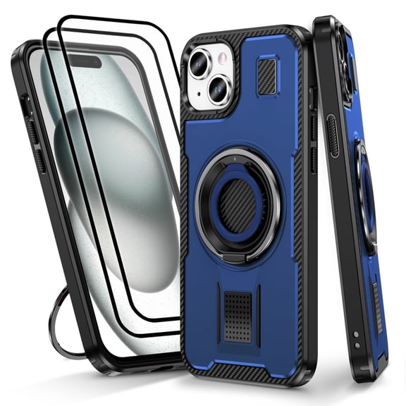 Hotpom for iPhone 15 Case with 2 Pack Screen Protector, Double Ring Kickstand, Heavy Duty Shockproof Drop Protection and Rugged Anti-Scratch Phone Cover, Blue