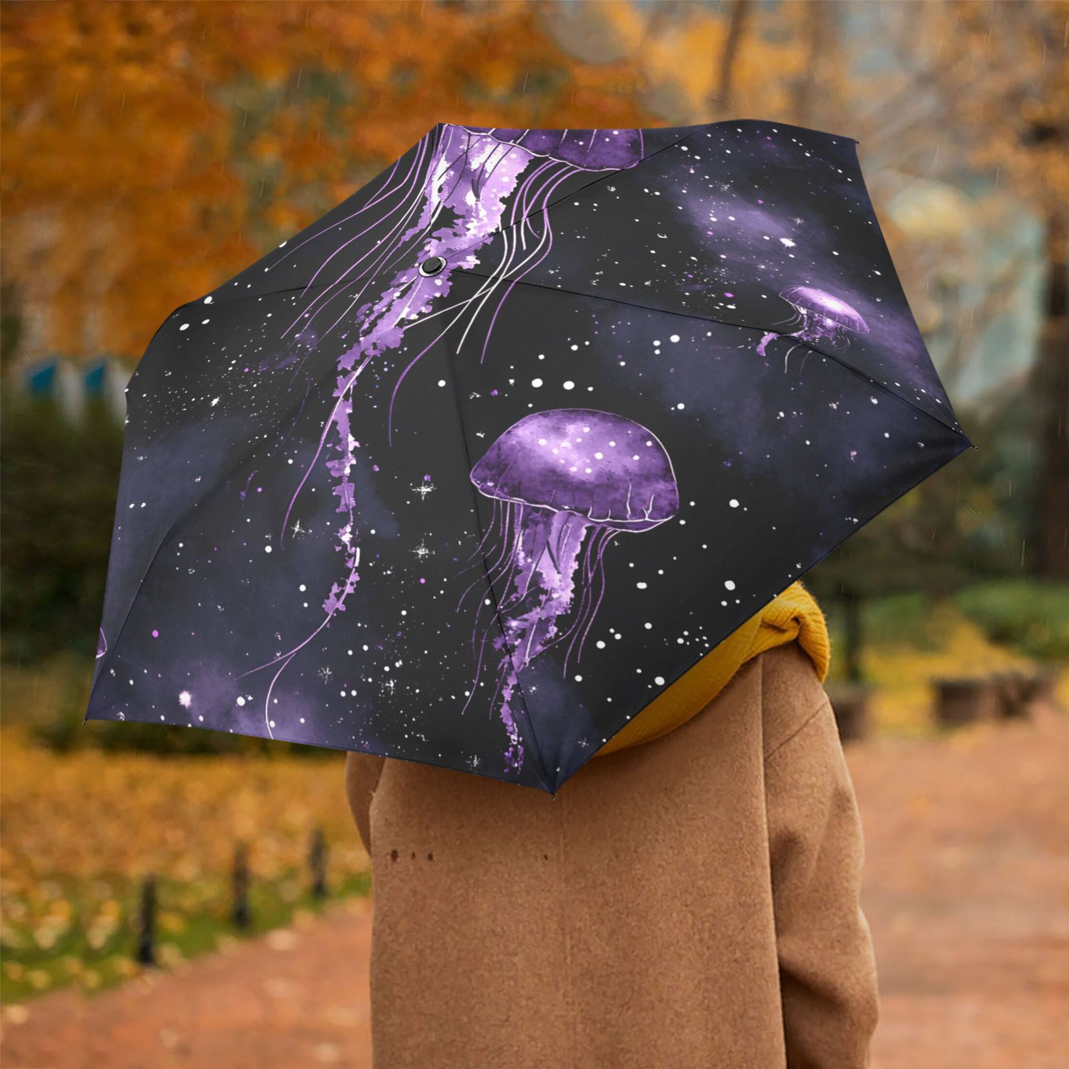 Glow in The Dark Jellyfish Folding Umbrella UV50+ Waterproof Sun Protection Auto Open Close Compact Fiberglass Frame