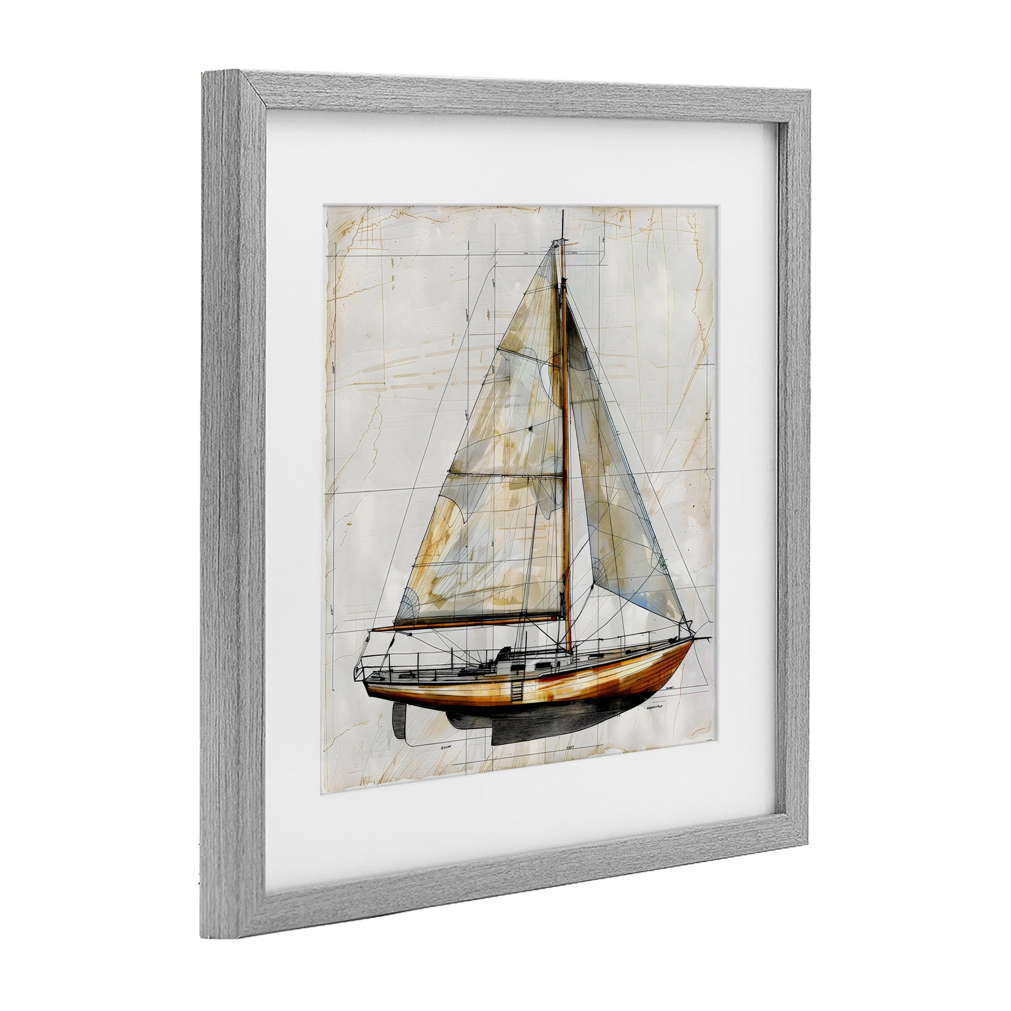 Stupell Industries Vintage Sailboat Drawing Blueprint Gray Framed Print Under Glass, design by Creative Studio