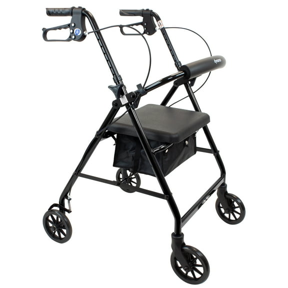 Dynarex DynaGo Quad Rollator, 6" Wheels, Padded Seat, Backrest, Storage Pouch with an Aluminum Durable Frame, 300 Lb. Weight Capacity, 1 Rollator, Black