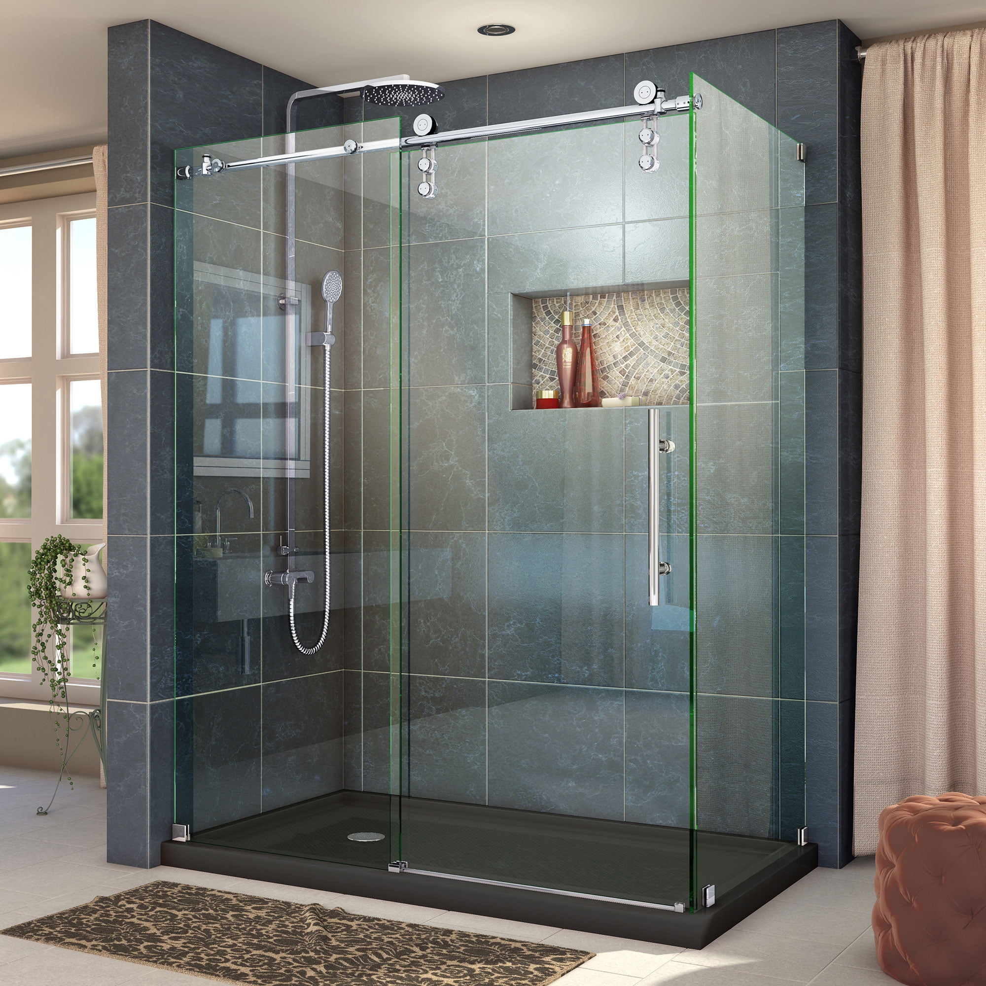 Enigma-Z 34-1/2" x 48-3/8" Fully Frameless Sliding Shower Enclosure, Clear 3/8" Glass, Polished Stainless Steel