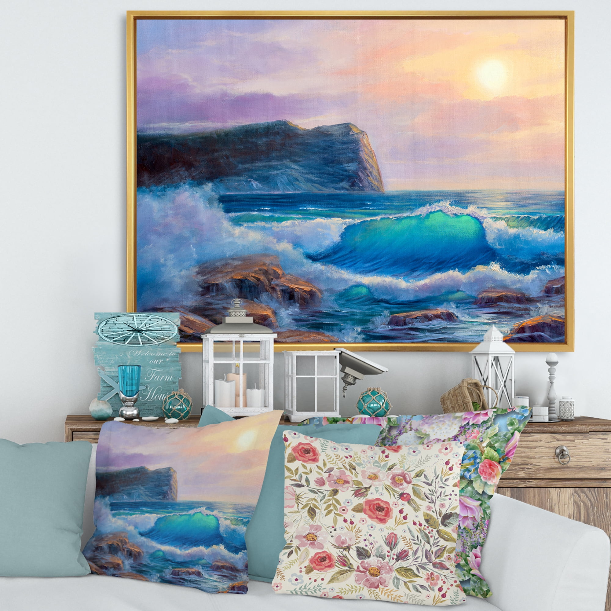 Designart 'Blue Waves Breaking At The Beach Landscape III' Nautical & Coastal Framed Canvas Wall Art Print