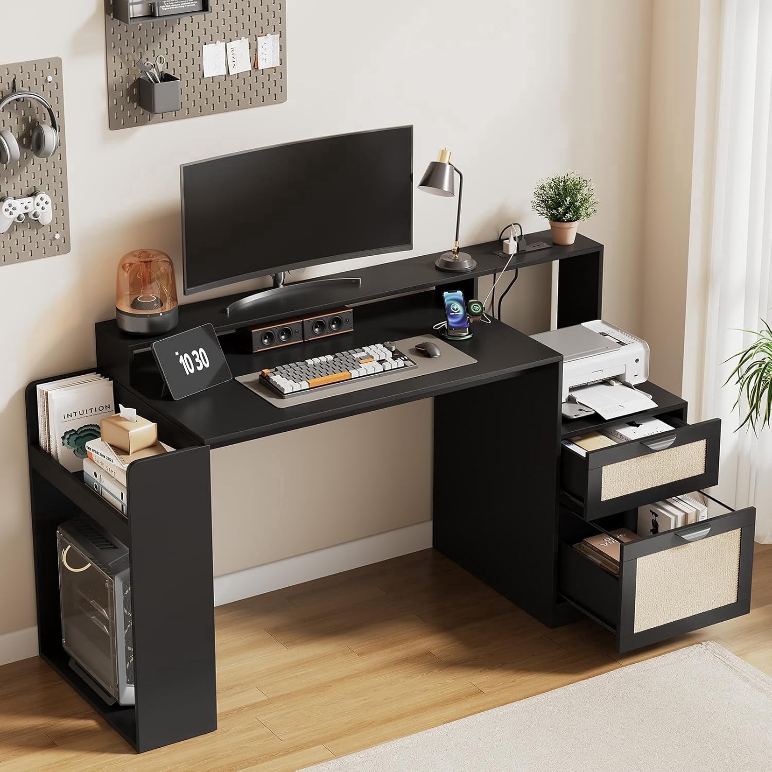 Vividwood Farmhouse Computer Desk with Drawers and Power Outlets, 60” Home Office Desk with Adjustable File Drawer, Cat Scratching Pad, Printer Stand, Shelves & Monitor Riser