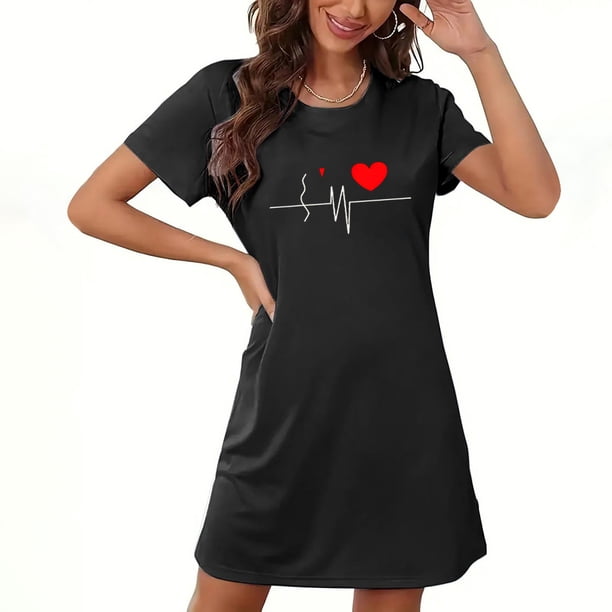 Camisón corto de San Valentín para mujer, talla grande, estampado en el pecho, cuello redondo, manga corta