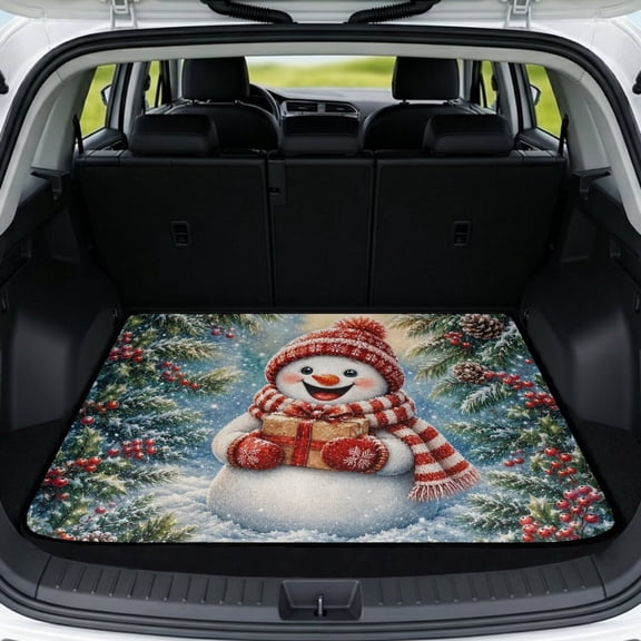 Bulopur Snowman Car Trunk Mat 29" x 39", Cute Snowman Holding Gift Xmas Print Cargo Liner, Waterproof Non-Slip Rear Cargo Mat for Winter Holiday