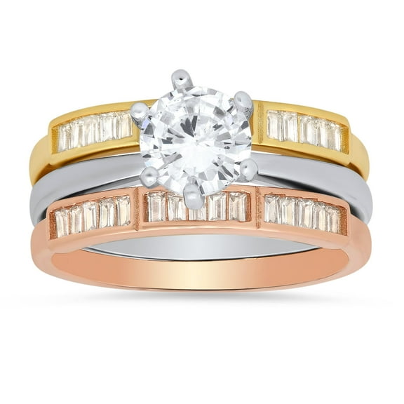 925 Sterling Silver Tri-Color Diamond CZ 3pc Stackable Ring Set