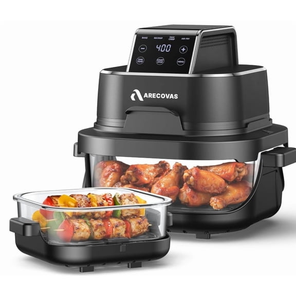 Arecovas 4-in-1 Portable Glass Air Fryer, 140–400°F Precise Heat, Max Crisp Technology, 4.2QT & 1.6QT Dual Capacity, Freezer & Dishwasher Safe, Bake, Recrisp, Air Fry