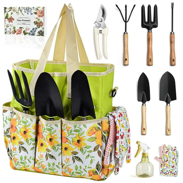 Schwylth Juego de herramientas de jardinería, 10 piezas, juego completo de herramientas de jardinería de acero resistente con caja de almacenamiento, los mejores regalos de jardinería para mujeres
