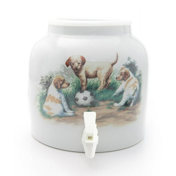 Puppies & Ball Porcelain Water Beverage Dispenser Crock - 2.2 Gallons | Lead Free