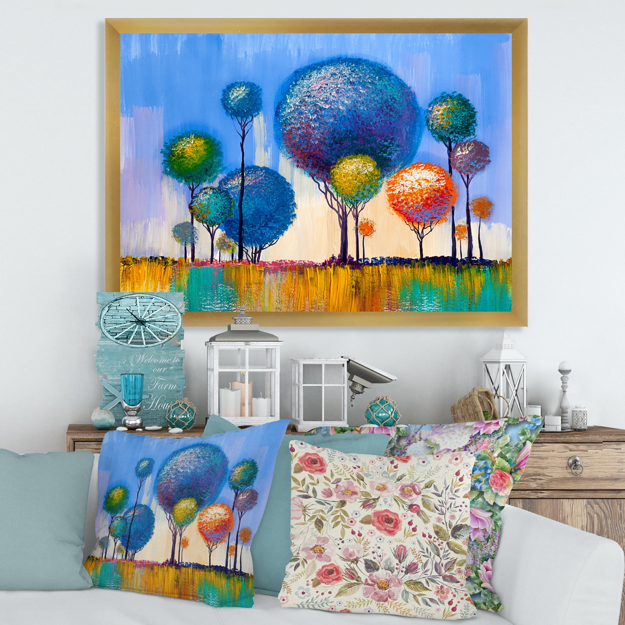 Designart 'Colourful Landscape Trees Impressionist I' Modern Framed Art Print