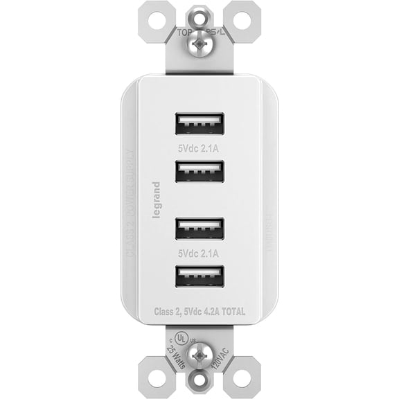 Legrand radiant TM8USB4WCCV4 Decorator Outlet Quad USB Charger, 4.2 Amp Multi Port Charging Station, White (1 Count)