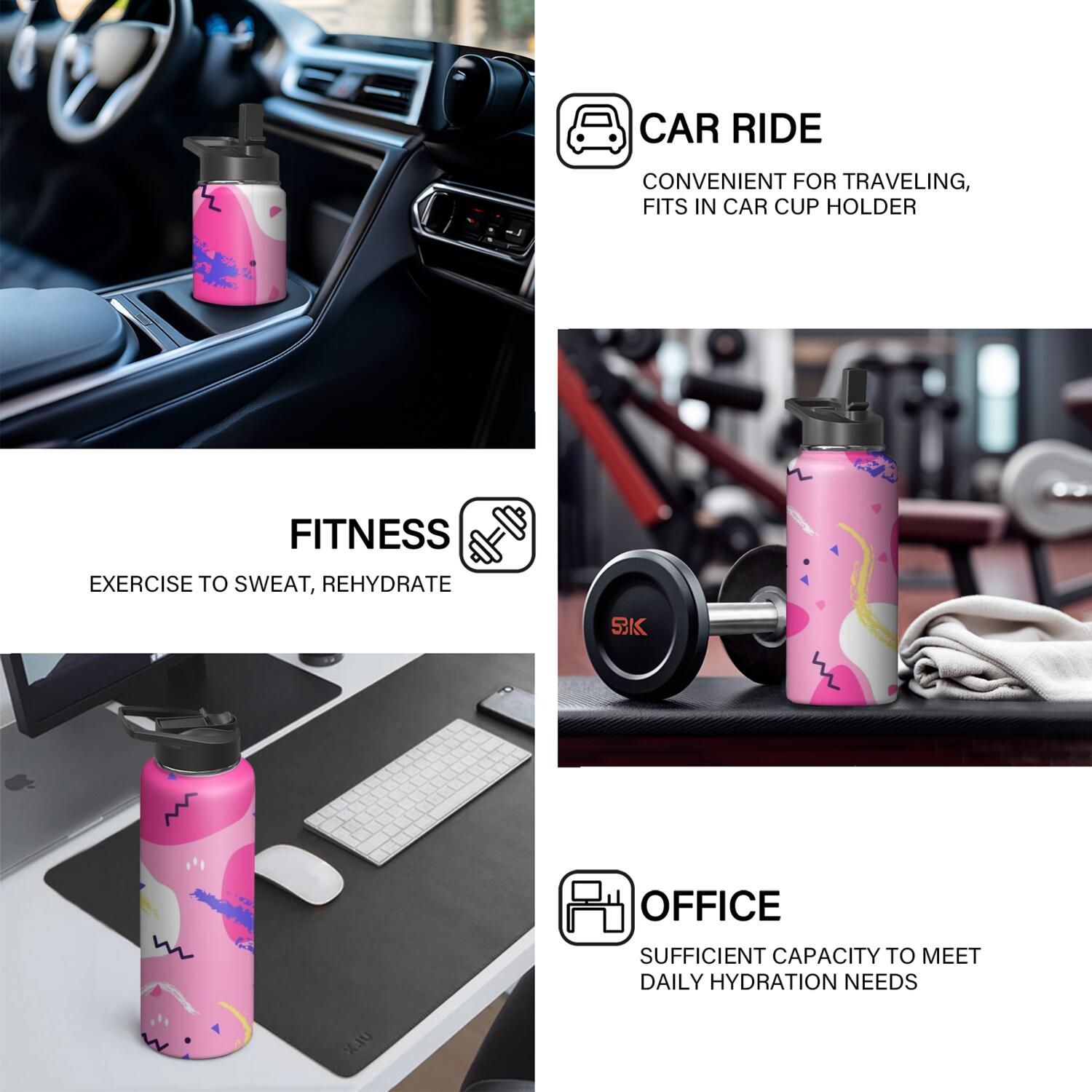 Modern 18 oz Insulated Stainless Steel Water Bottle with Straw & Cleaning Brush , Leakproof, BPA-Free, 304 Stainless Steel, Wide Mouth, Travel Mug for Car, Gym, Office