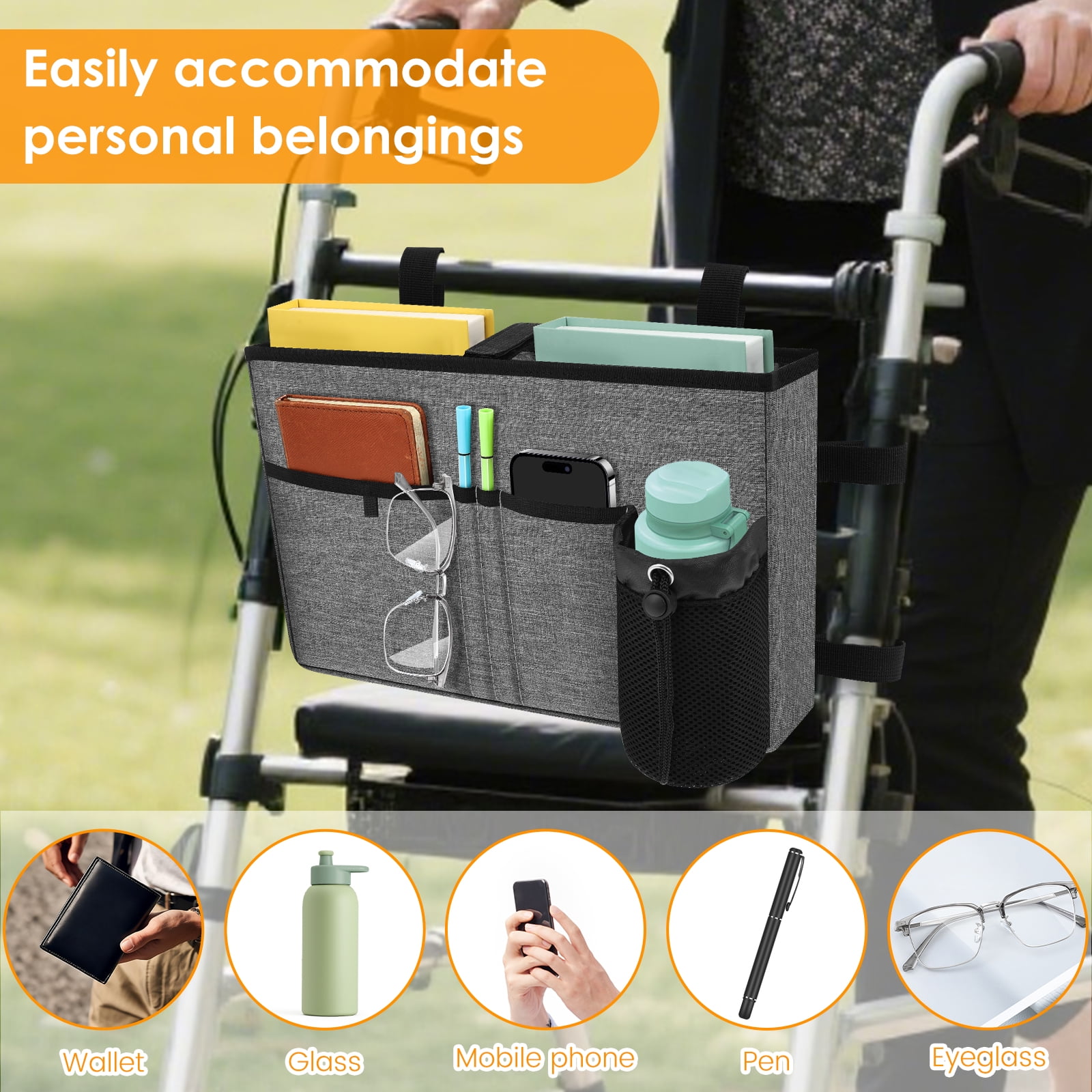 Walker Bag Multi Pockets Walker Basket with Cup Holder Foldable with Large Capacity & Never Tipping Over- for Seniors Elderly