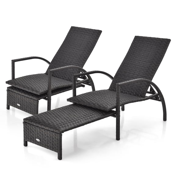 Gymax 2PCS Outdoor Chaise Lounge Rattan Recliner w/ Retractable Ottoman for Patio