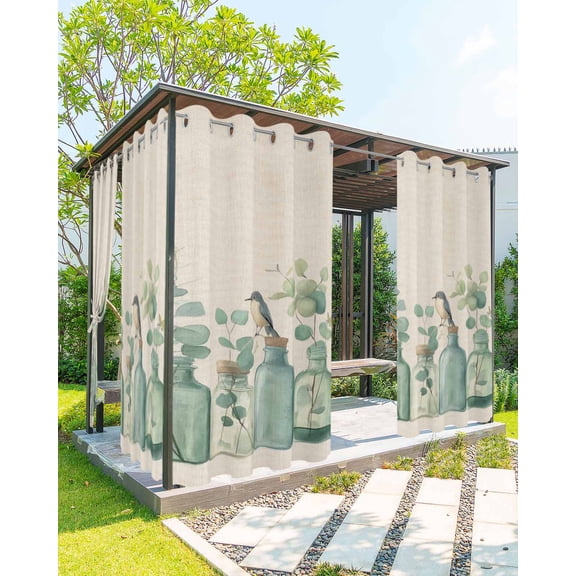 nqOlkjepod Outdoor Curtains for Patio Waterproof, Spring Eucalyptus Outdoor Privacy Panels Grommet, Watercolor Birds Green Leaf Vase Blackout Outside Curtains for Porch/Cabana 54"x84", 1 Panel