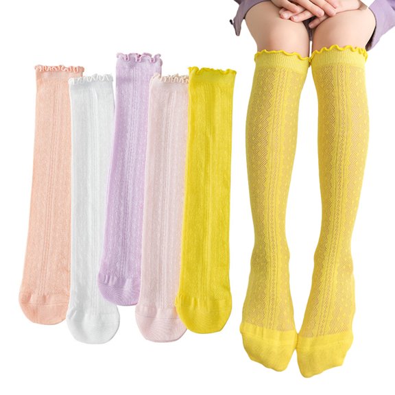 Esaierr 3 Pairs Kids Toddler Girls Mesh Knee High Socks Thigh Ruffle Long Socks 3-12T Summer Anti-Mosquito Socks